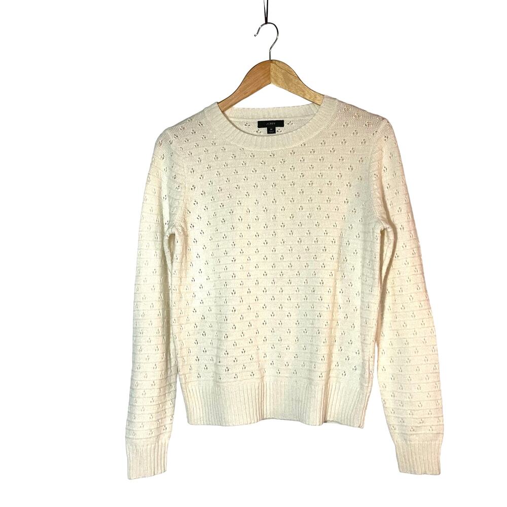 J. Crew Sweater Medium Open Knit Eyelet Cream Ivory Crewneck Alpaca Wool